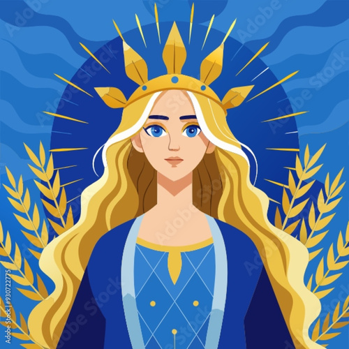 Illustration of a woman with long flowing blonde hair wearing a golden crown and a blue and gold robe against a blue background with a wheat wreath