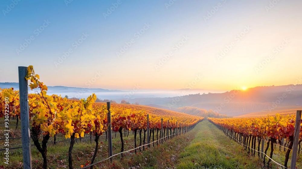Fototapeta premium Vineyard at sunset with golden leaves and a clear blue sky.