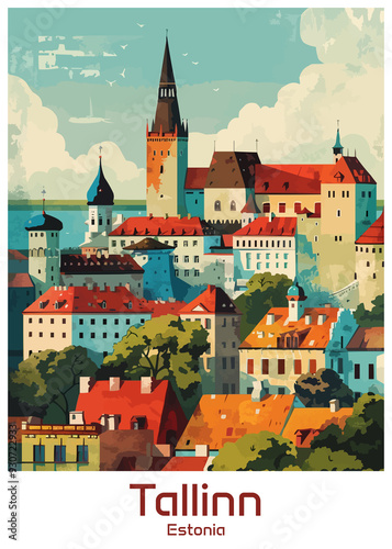 Tallinn Estonia Poster Illustration Travel Print Decor Gift Paper Canvas Wall Retro Art