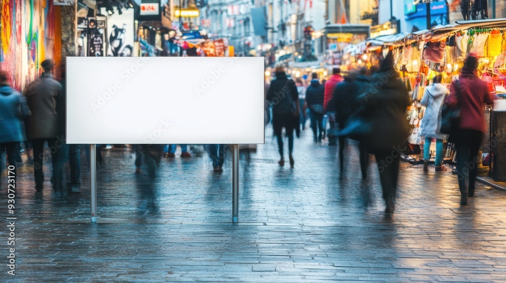 Advertising banner in a vibrant street market, people moving around in a blur, colorful stalls and dynamic urban atmosphere adding energy to the scene. Empty banner, blurred people Advertising banner in a vibrant street market, people moving around in a blur, colorful stalls and dynamic urban atmosphere adding energy to the scene. Empty banner, blurred people