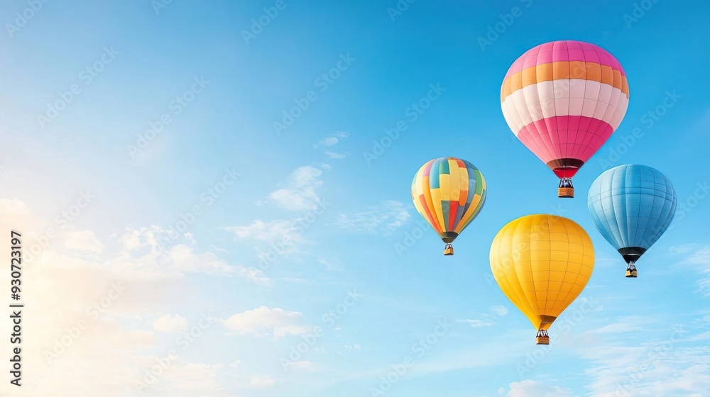 Three colorful hot air balloons float in a clear blue sky. Three colorful hot air balloons float in a clear blue sky.