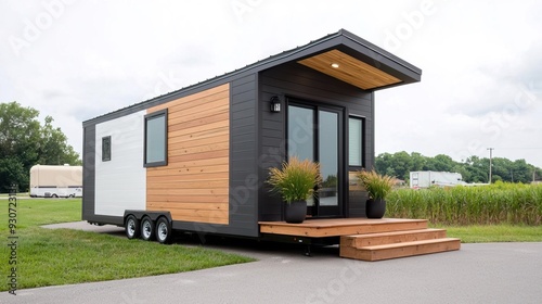 Modern tiny house on wheels with wood siding and black accents.