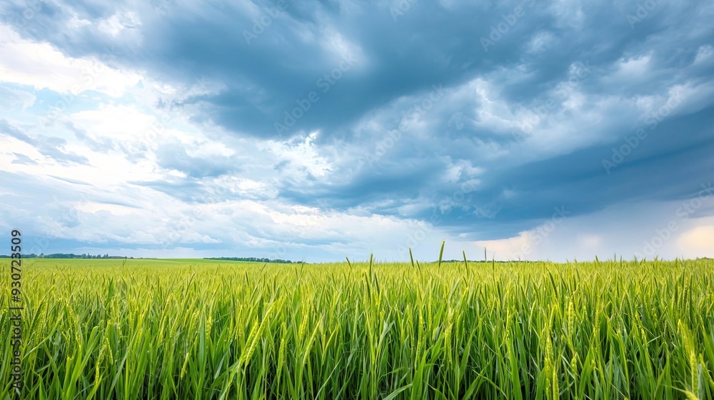 Obraz premium Green field with dramatic stormy sky in the background.