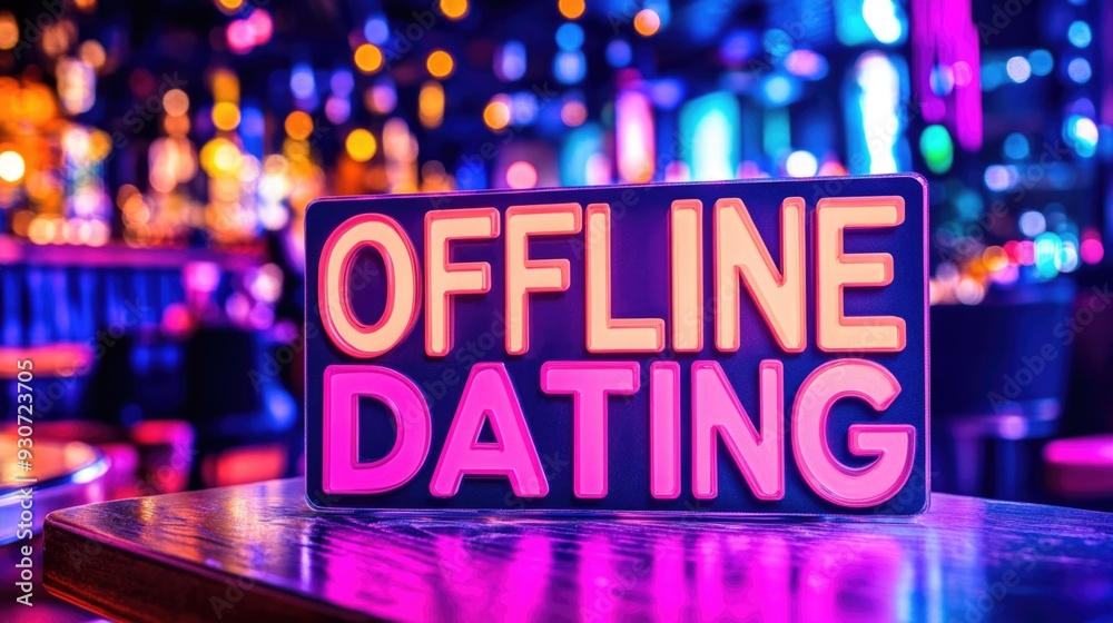 Offline Dating Sign on a Table in a Vibrant Nightclub Setting – Concept for Social Connection and Nightlife Offline Dating Sign on a Table in a Vibrant Nightclub Setting – Concept for Social Connection and Nightlife