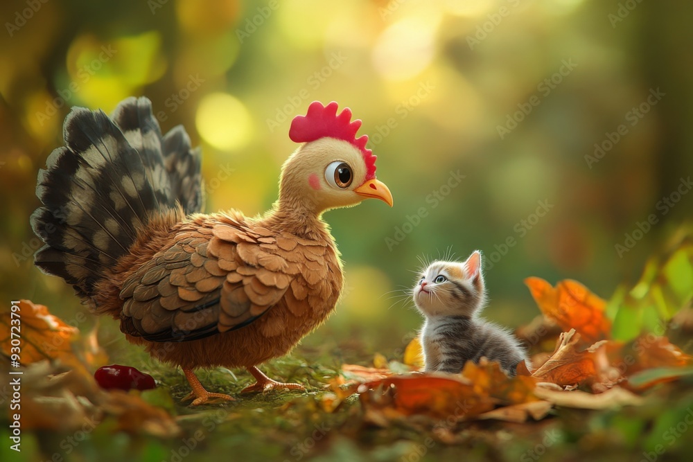 'A delightful cartoon turkey is seen playing and showing affection to a cute kitten. The scene is heartwarming and endearing.' 'A delightful cartoon turkey is seen playing and showing affection to a cute kitten. The scene is heartwarming and endearing.'