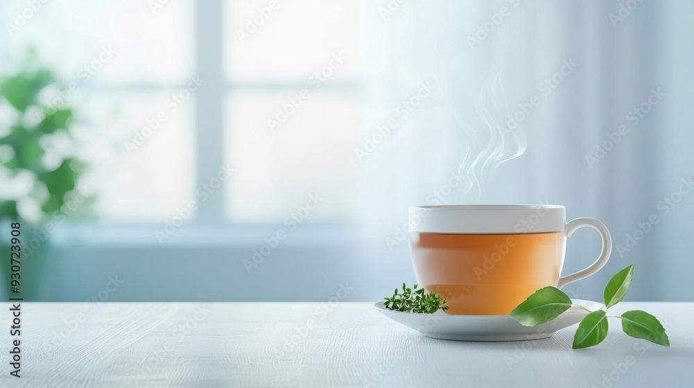 A steaming cup of tea with a small plant on a white background. A steaming cup of tea with a small plant on a white background.