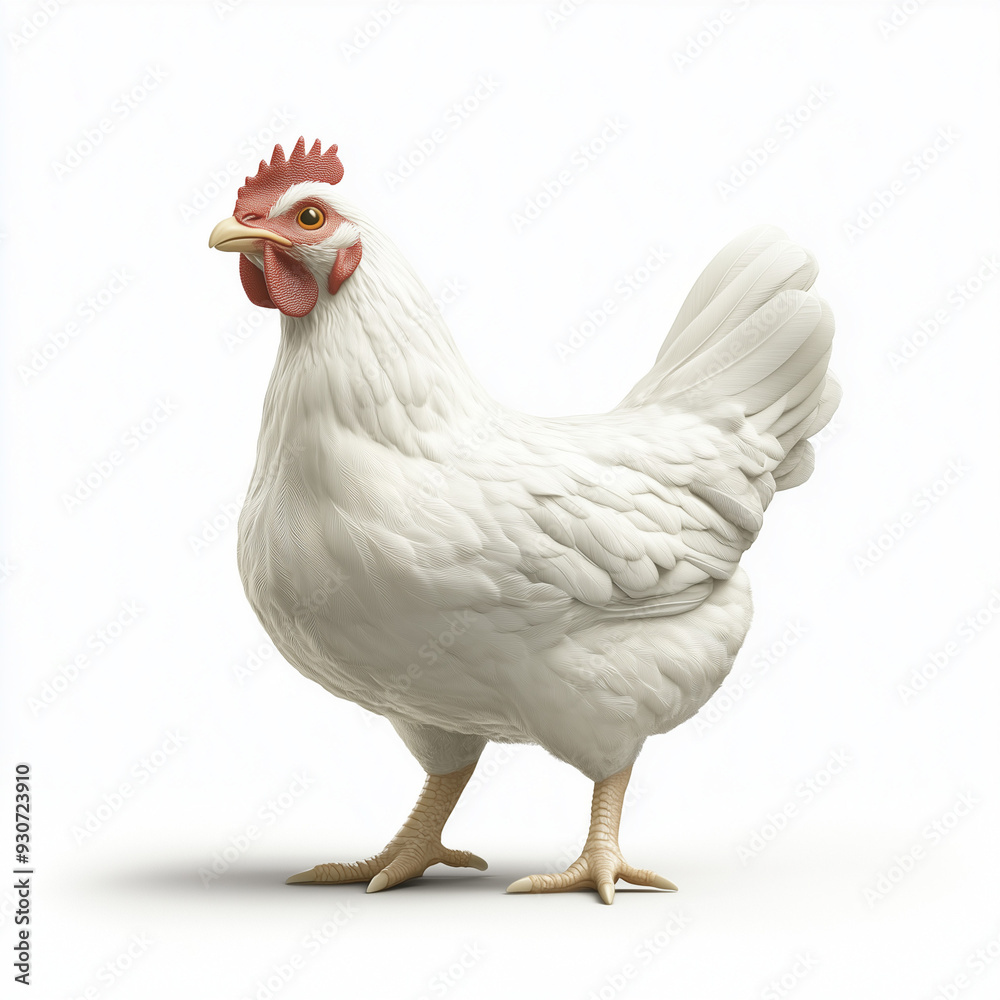 Fototapeta premium Standing White Chicken with Red Comb 
