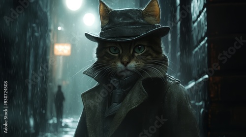 A cat dressed in a trench coat and fedora stands in a rainy alley, exuding a mysterious and detective-like aura