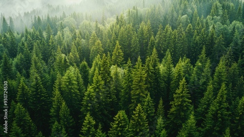 Foggy forest landscape from above