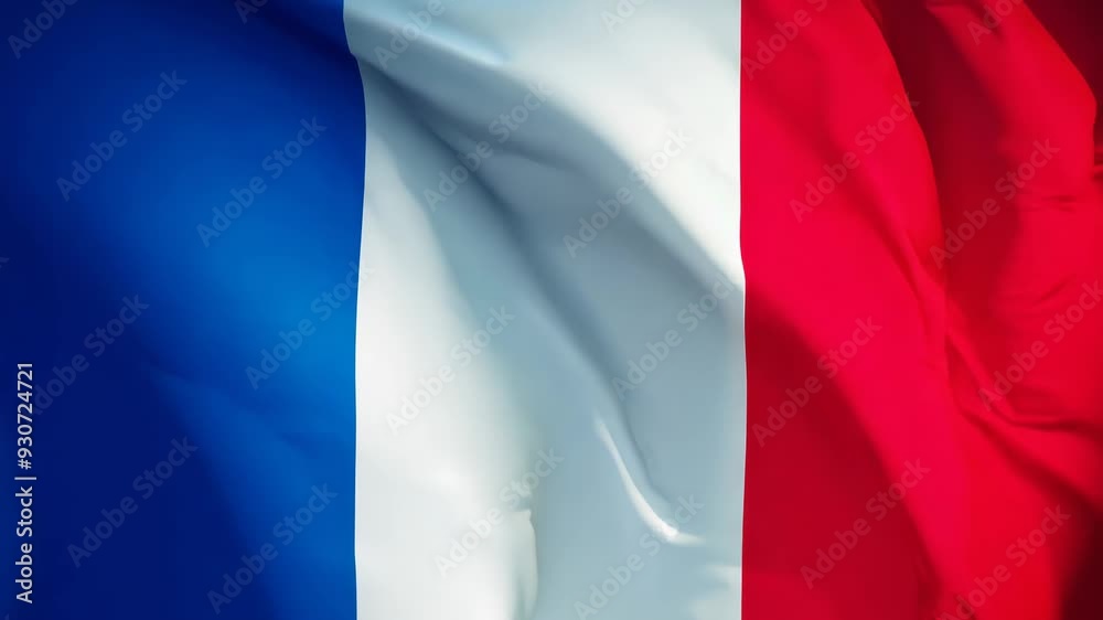 Close up to the flag of France flapping or waving. symbol, patriotic, democracy, government, backgrounds, slow motion, flow, flowing, no people, textile, textured, nation, pride, satin, hd, animation