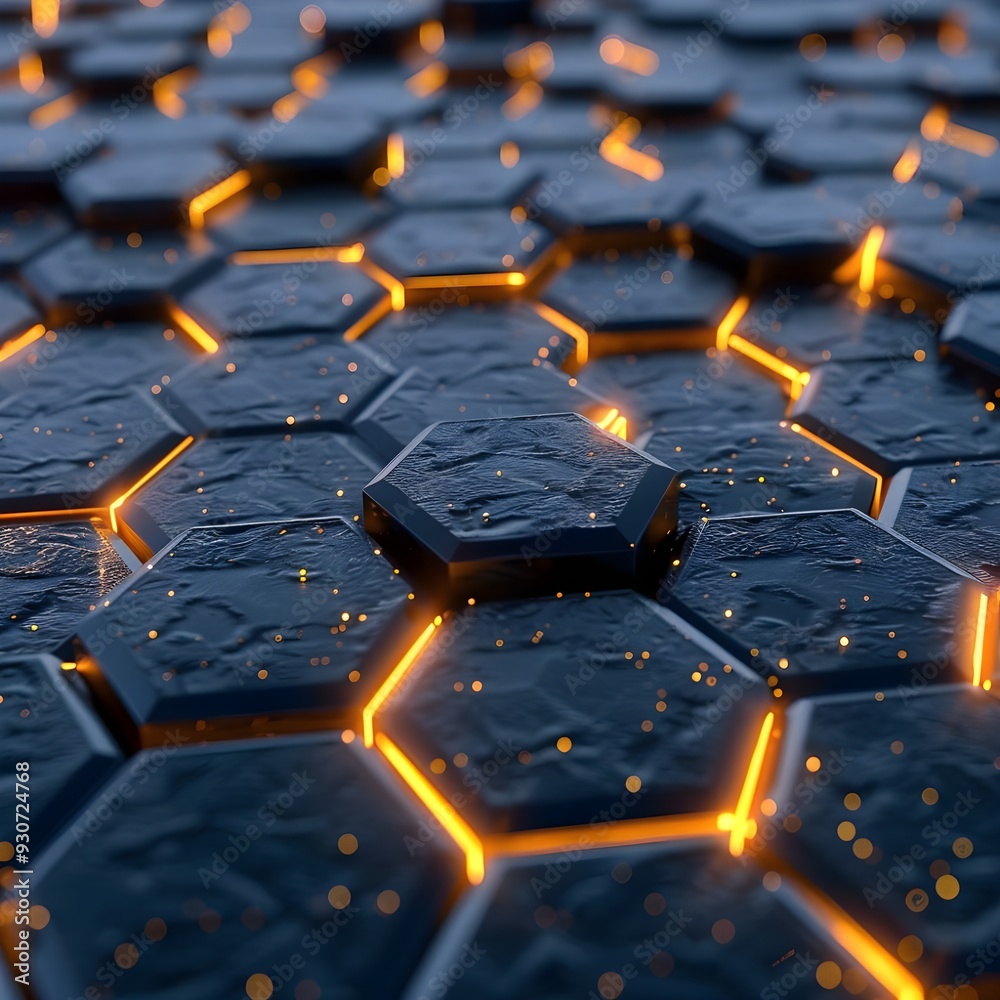 Futuristic Surface of Glowing Hexagonal Tiles Illuminated with Neon Orange Light Patterns Futuristic Surface of Glowing Hexagonal Tiles Illuminated with Neon Orange Light Patterns