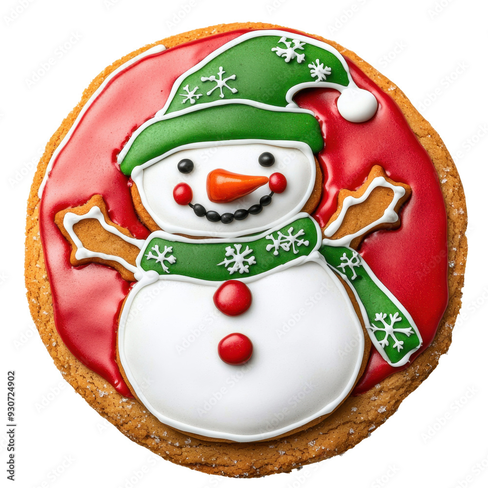Fototapeta premium Gingerbread snowman cookie biscuit icing red and green , isolated, cut out.