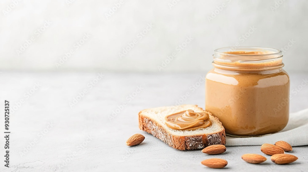 A 3D Organic nut butter, jar with spread on bread. A 3D Organic nut butter, jar with spread on bread.