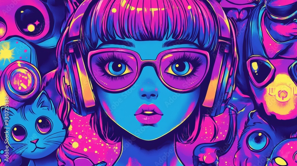 A vibrant, stylized illustration featuring a girl with headphones and oversized glasses, surrounded by colorful cats and whimsical elements A vibrant, stylized illustration featuring a girl with headphones and oversized glasses, surrounded by colorful cats and whimsical elements