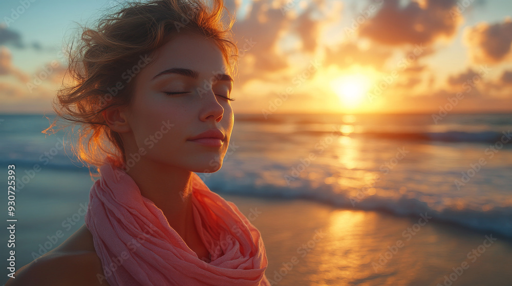 Woman practicing yoga on a tranquil beach at sunrise, wearing a pink scarf. Breast Cancer Awareness Woman practicing yoga on a tranquil beach at sunrise, wearing a pink scarf. Breast Cancer Awareness