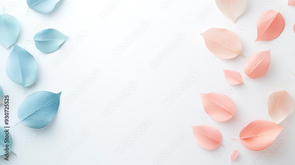 Fototapeta premium Tiny mint blue and coral pink spring leaves with tiny azalea petals on a white backdrop. Minimalistic, high resolution, clear sharp focus, hyper-detailed.