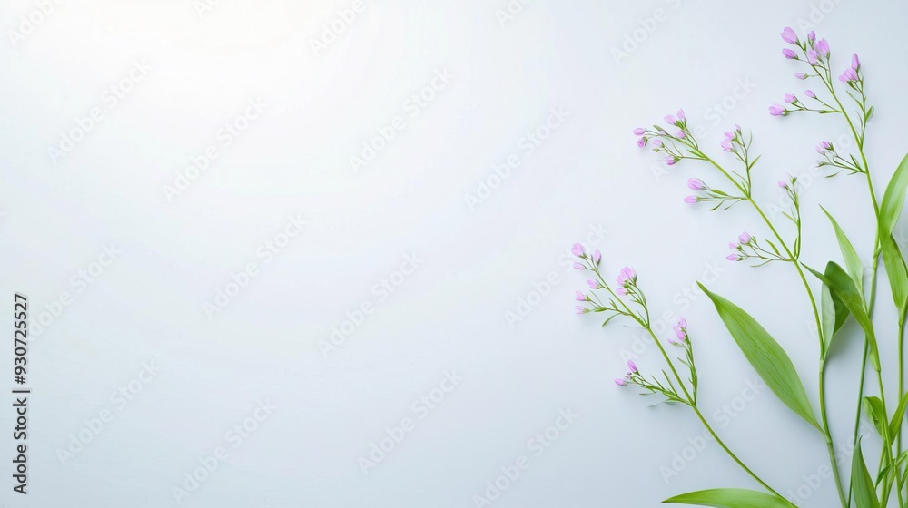 Minimalist floral arrangement with pink tulips and green leaves on a white background. Minimalist floral arrangement with pink tulips and green leaves on a white background.