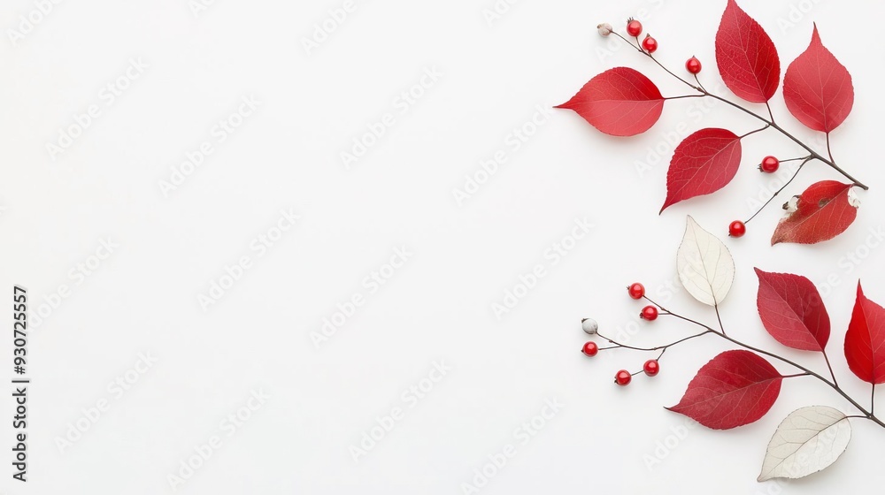 Small ivory white and garnet red winter leaves with tiny snowberries on a white backdrop. Minimalistic, high resolution, clear sharp focus, hyper-detailed.