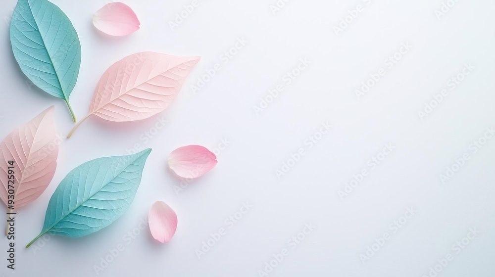 Minimalist pastel pink and green leaves on blue background Minimalist pastel pink and green leaves on blue background