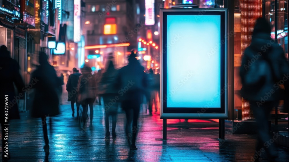 Night-time city scene with a sharply focused advertising banner, blurred people in motion and neon lights reflecting off surfaces, adding dynamic energy. Empty banner, blurred people Night-time city scene with a sharply focused advertising banner, blurred people in motion and neon lights reflecting off surfaces, adding dynamic energy. Empty banner, blurred people