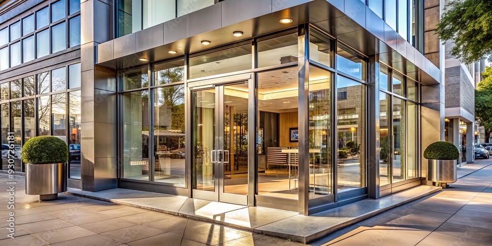 Inviting entrance of a modern storefront with a clean glass door, polished chrome handle, and elegant signage on a sunny urban street corner. Inviting entrance of a modern storefront with a clean glass door, polished chrome handle, and elegant signage on a sunny urban street corner.
