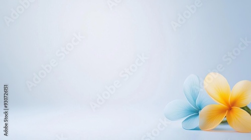 Small vivid yellow and ocean blue summer leaves with mini frangipanis on a white backdrop. Minimalistic, high resolution, clear sharp focus, hyper-detailed. photo