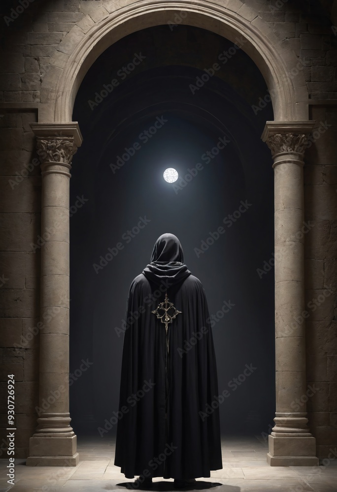 A mysterious figure in a dark cloak stands beneath an archway, illuminated by moonlight. This captivating scene evokes themes of mysticism and the supernatural. A mysterious figure in a dark cloak stands beneath an archway, illuminated by moonlight. This captivating scene evokes themes of mysticism and the supernatural.