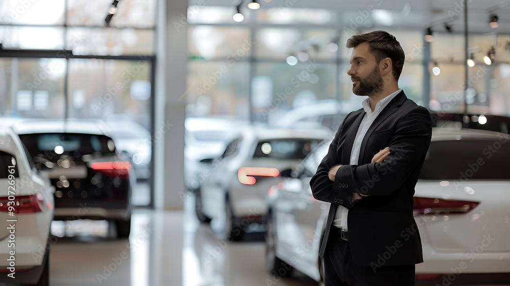 Customer in black suit is choosing a new car in a car showroom. Sales concept. Modern car dealership with blurred background. Modern transportation. Customer in black suit is choosing a new car in a car showroom. Sales concept. Modern car dealership with blurred background. Modern transportation.