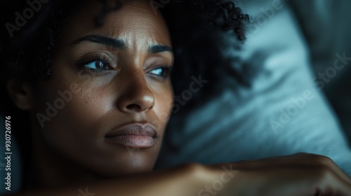 A woman lies in bed gazing away with a look of deep contemplation, her expression thoughtful and pensive, capturing a moment of introspection and serene quiet.