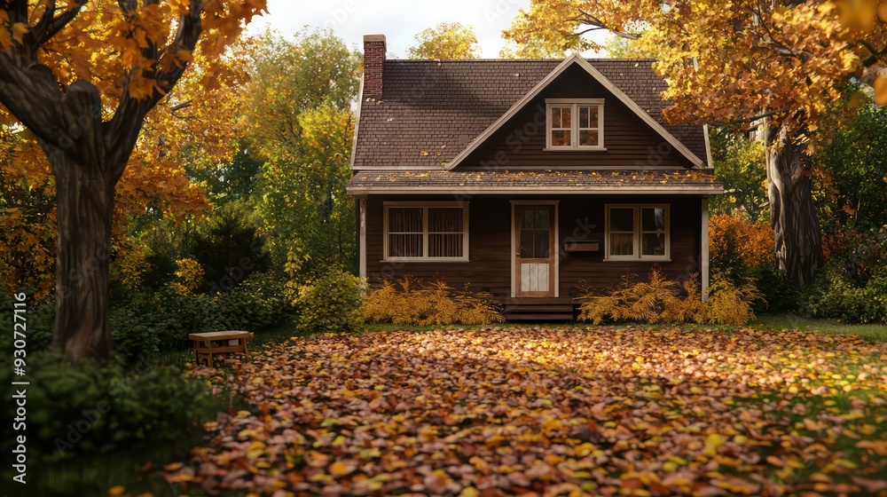 A small brown house with a porch sits in a yard full of fallen leaves. The house is surrounded by trees and bushes, giving it a cozy and peaceful atmosphere. The leaves on the ground create a warm