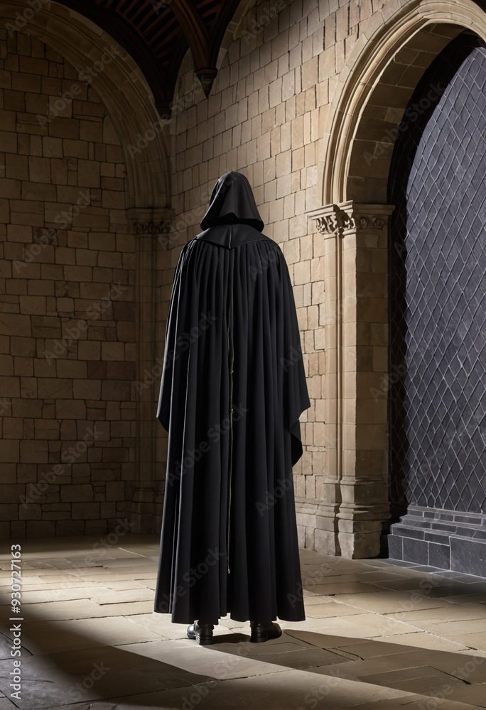 A mysterious figure in a black cloak stands in a stone corridor, evoking intrigue and suspense, perfect for fantasy, horror, or medieval themes in creative projects. A mysterious figure in a black cloak stands in a stone corridor, evoking intrigue and suspense, perfect for fantasy, horror, or medieval themes in creative projects.