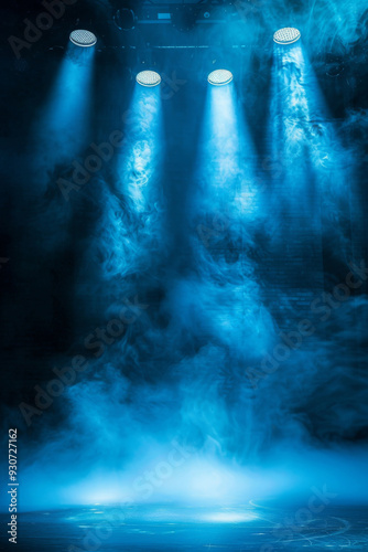 Blue stage lights illuminating round platform with smoke effect