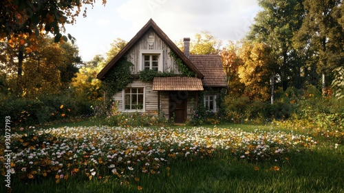 A small house with a porch and a chimney sits in a field of flowers. The house is surrounded by a lush green lawn and a beautiful garden. The scene is peaceful and serene