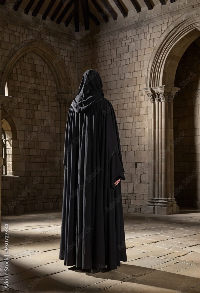 Naklejka premium Mysterious figure in a dark cloak stands in a medieval stone setting, evoking intrigue and a sense of drama.