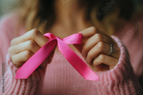 Woman tying a pink ribbon on her wrist as a personal commitment to the cause. Breast Cancer Awareness photo