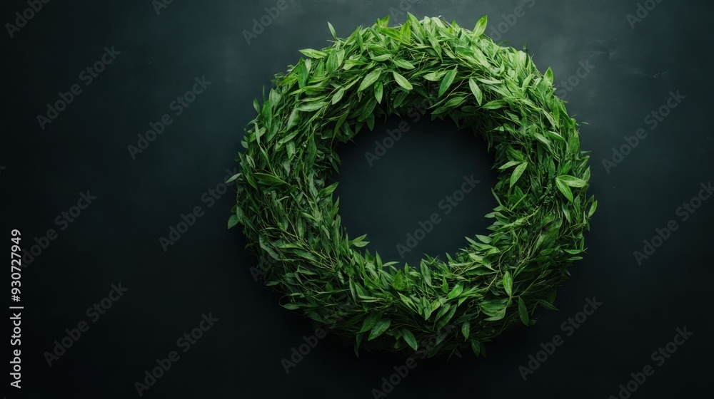 A beautifully crafted green wreath consisting of lush leaves, perfectly arranged against a dark background, representing a sense of natural elegance and simplicity.