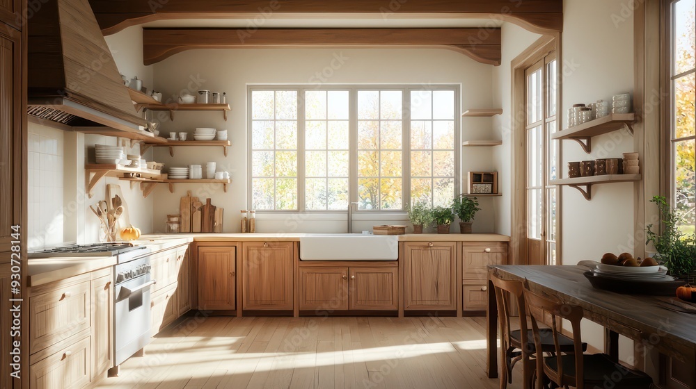 A kitchen with a sink, oven, and a window. The kitchen is very clean and well-organized
