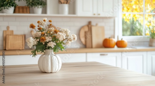 A vase of flowers sits on a wooden table in a kitchen. The flowers are white and orange, and the vase is white and orange as well. The kitchen is clean and well-organized