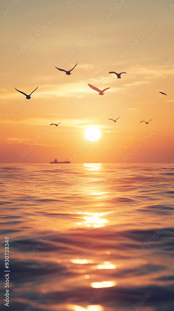 Golden sunrise over a tranquil seascape with reflective waves, silhouetted sailboats, and seabirds soaring in the sky, capturing the serene beauty and peacefulness of the early morning ocean. Golden sunrise over a tranquil seascape with reflective waves, silhouetted sailboats, and seabirds soaring in the sky, capturing the serene beauty and peacefulness of the early morning ocean.