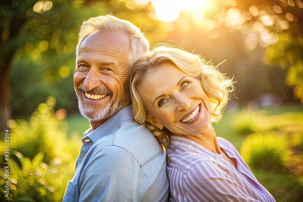 Fototapeta premium Laughing, carefree pair in their 50s, standing back-to-back, arms around each other, smiling at the camera, against a vibrant, sun-kissed outdoor background.