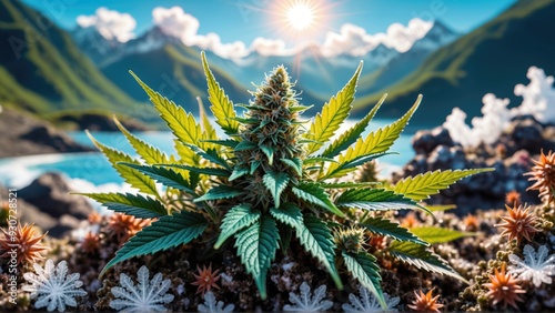 A vibrant cannabis plant growing in a stunning natural landscape, showcasing the beauty of nature and the potential of the cannabis industry. photo