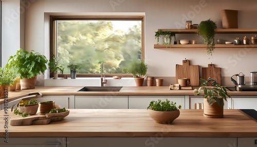 Reclaimed Wood and Greenery - minimalist kitchen with a focus on eco-conscious materials. Graphic art illustration. Ai generated