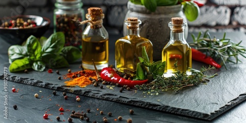 Fototapeta Naklejka Na Ścianę i Meble -  A table setup with various bottles of olive oil and spice containers, perfect for cooking or as a decorative display
