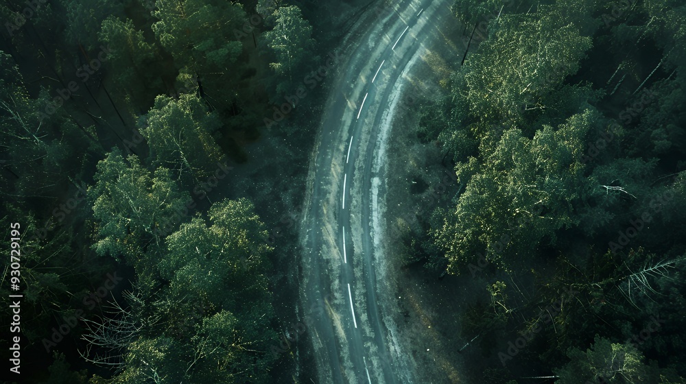 Aerial view of a winding road through a dense forest. Aerial view of a winding road through a dense forest.