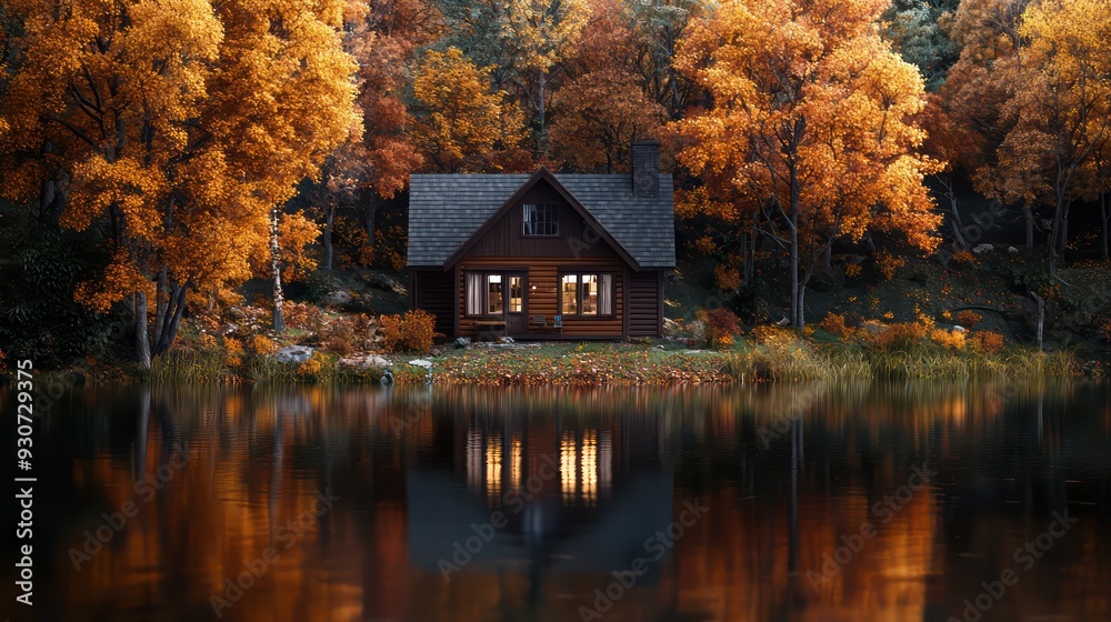 A small cabin is surrounded by trees and a lake. The cabin is a cozy retreat for those who love the outdoors A small cabin is surrounded by trees and a lake. The cabin is a cozy retreat for those who love the outdoors
