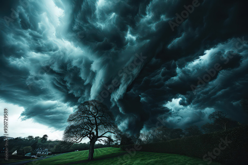 An image depicting a lone tree standing resolute beneath a tumultuous sky of dark clouds, echoes of its resilience resonating with nature's powe photo