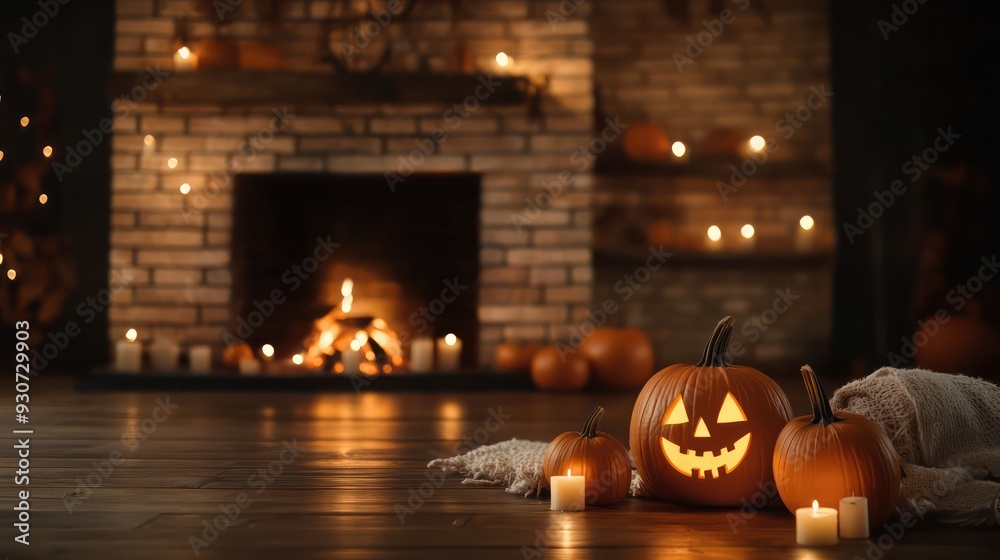 Fototapeta premium A fireplace with a pumpkin and candles on the floor. Scene is warm and cozy
