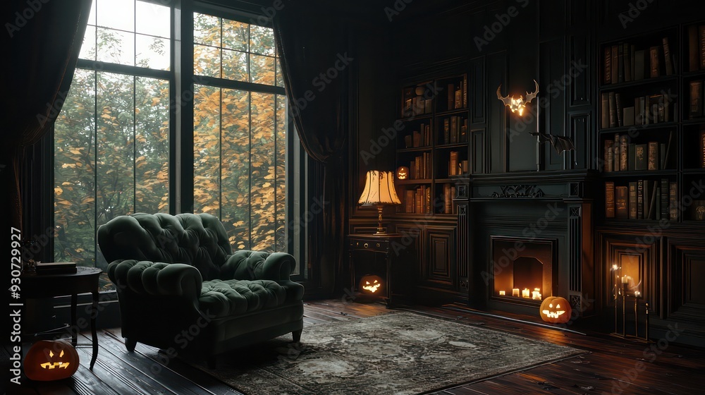 Fototapeta premium A dark room with a fireplace and a green chair. The room is decorated with pumpkins and has a cozy, warm atmosphere