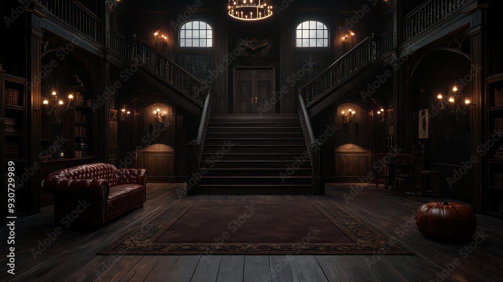 A dark room with a couch and a rug. The room is empty and has a creepy atmosphere A dark room with a couch and a rug. The room is empty and has a creepy atmosphere