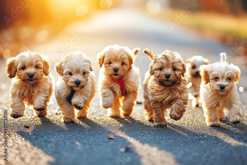 An image of a group of playful puppies frolicking and chasing each other in a sunlit meadow, radiating youthful energy and jo photo